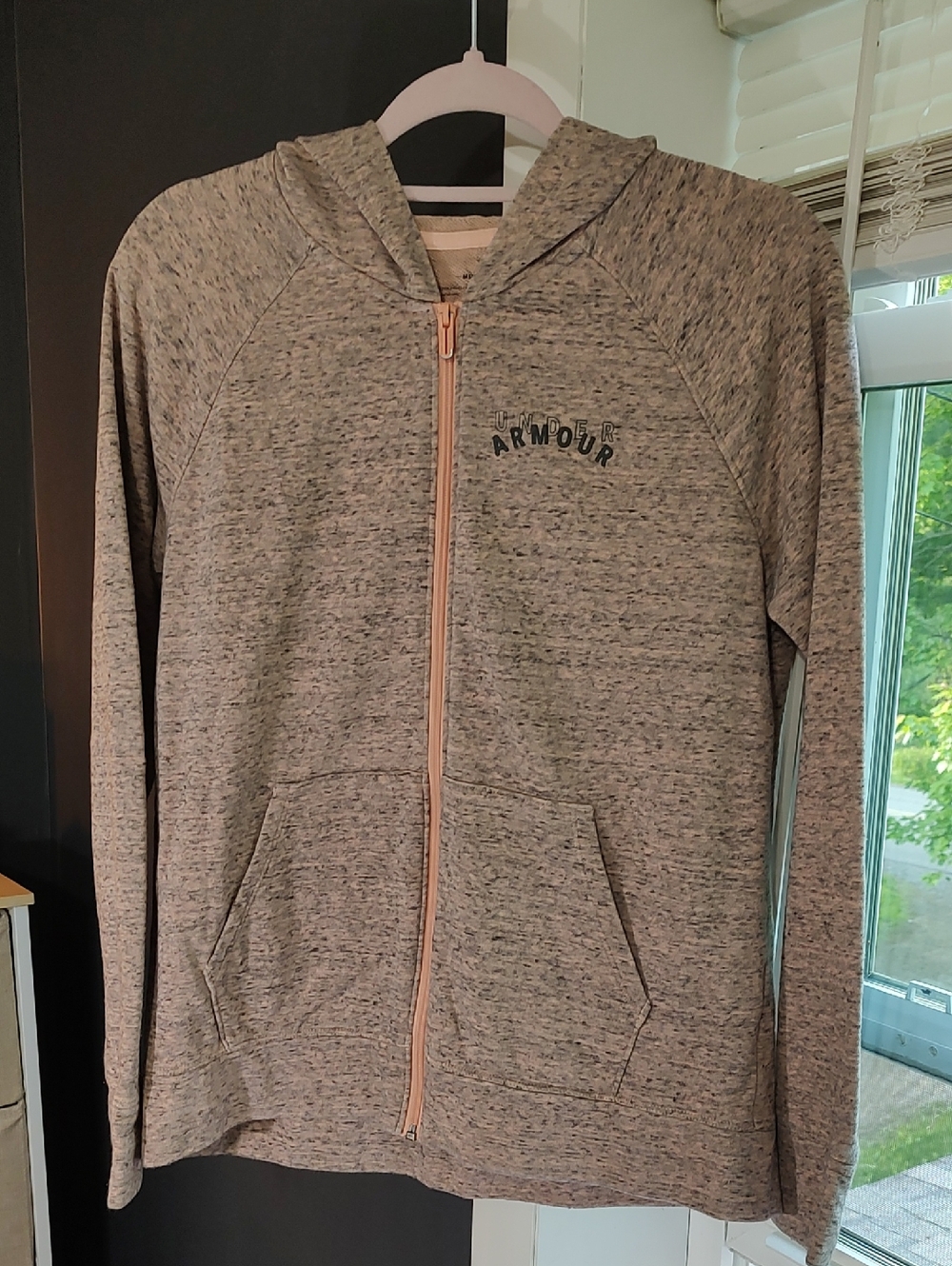 Under Armour Heathered Gray Zip Hoodie with Pale Pink Zipper